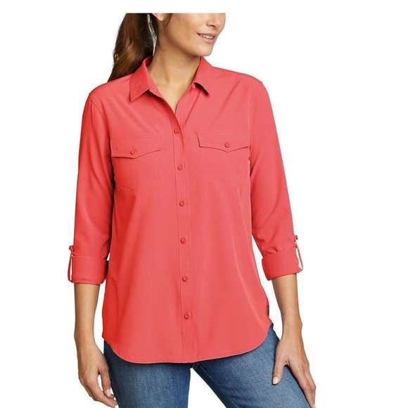 NWT Eddie Bauer Womens Departure Button Down Travel Shirt Size XS Red $65 1HL315 - Picture 1 of 3